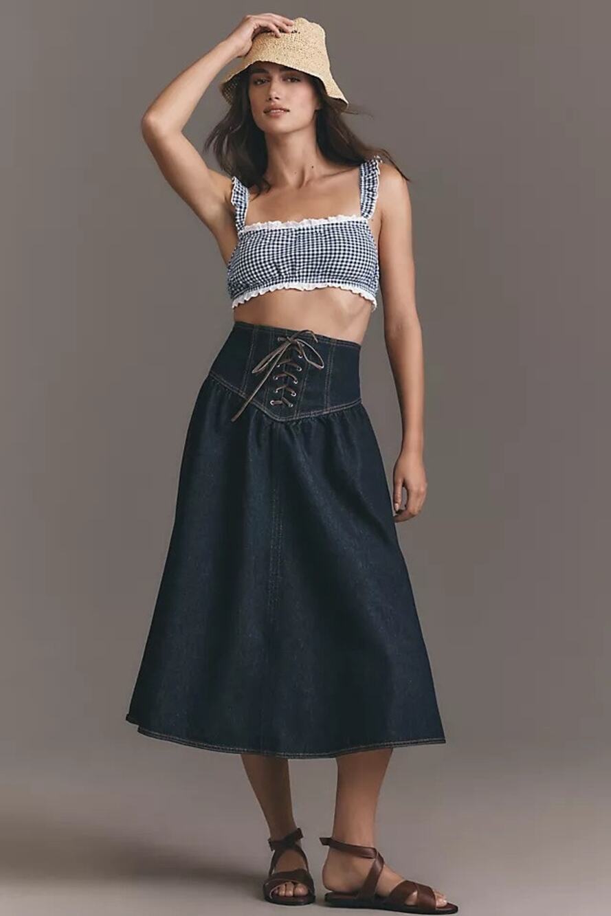 Pilcro Skirt Sz 2 Lace Up Drop Waist Dark Denim Midi Skirt Western Rodeo Boho